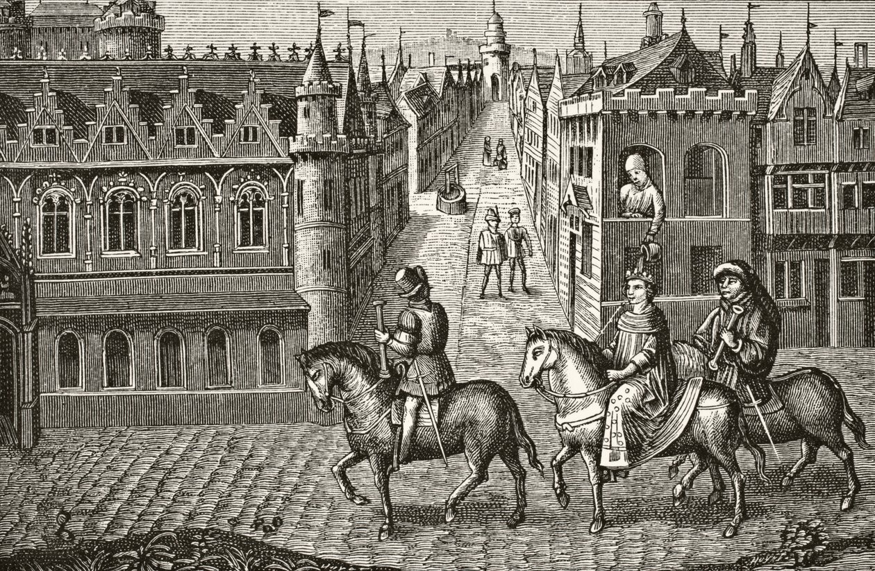 Louis IX får en kruka med urin hälld på sig av en student när han rider till kyrkan i Paris, från "Science and Literature in the Middle Ages" av Paul Lacroix (1806-84) publicerad London 1878 av French School