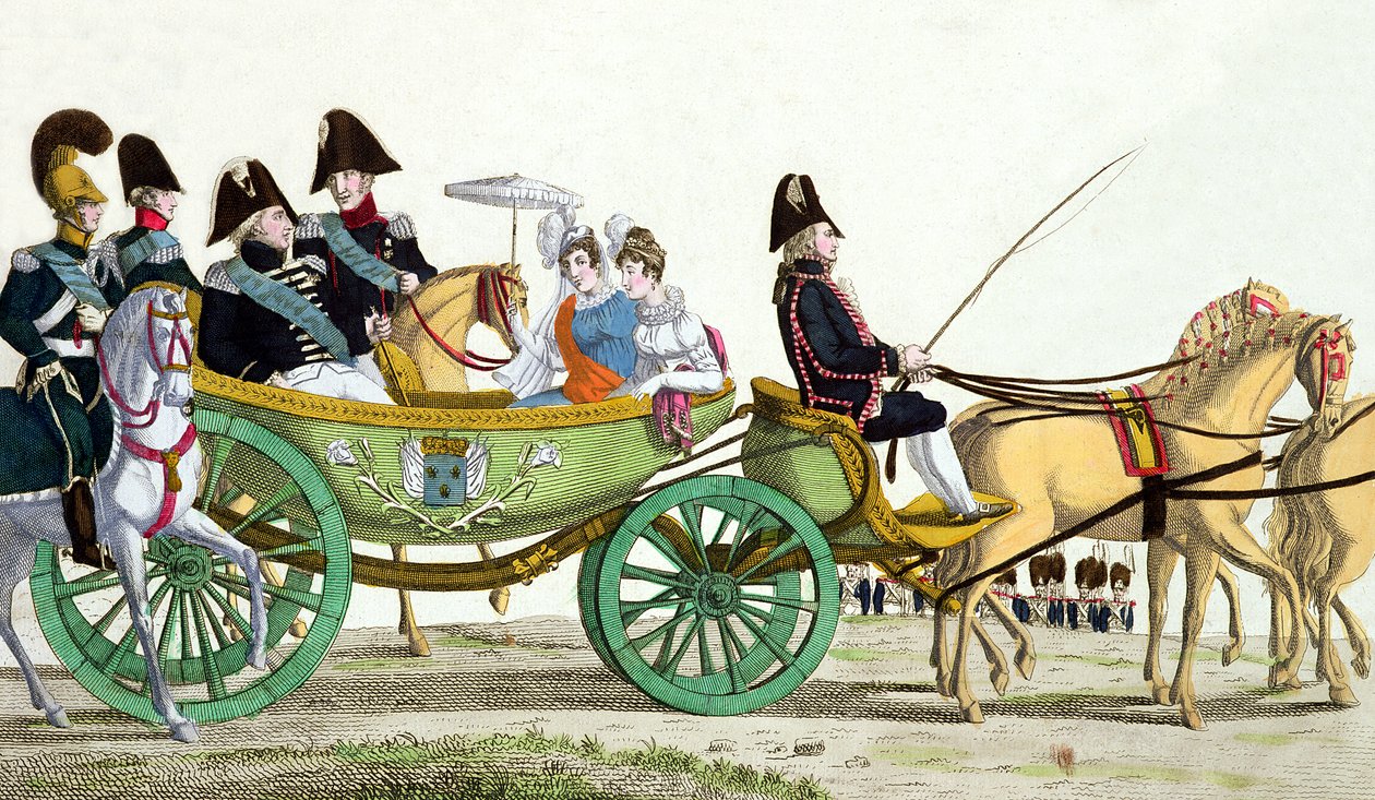 Ludvig XVIII (1755-1824) och hans familj granskar de kungliga trupperna på Champ de Mars, 20 juni 1814, dagen för välsignelsen av flaggorna i Garde Royale av French School