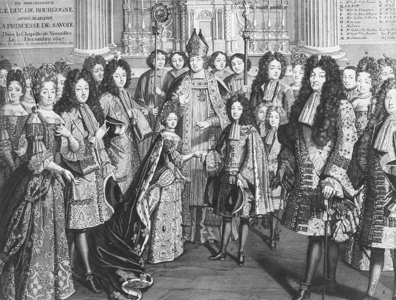 Giftermål mellan Louis de France (1682-1712), hertig av Bourgogne med Marie Adelaide de Savoie (1685-1712) i det kungliga kapellet i Versailles, december 1694, i närvaro av kung Ludvig XIV av French School