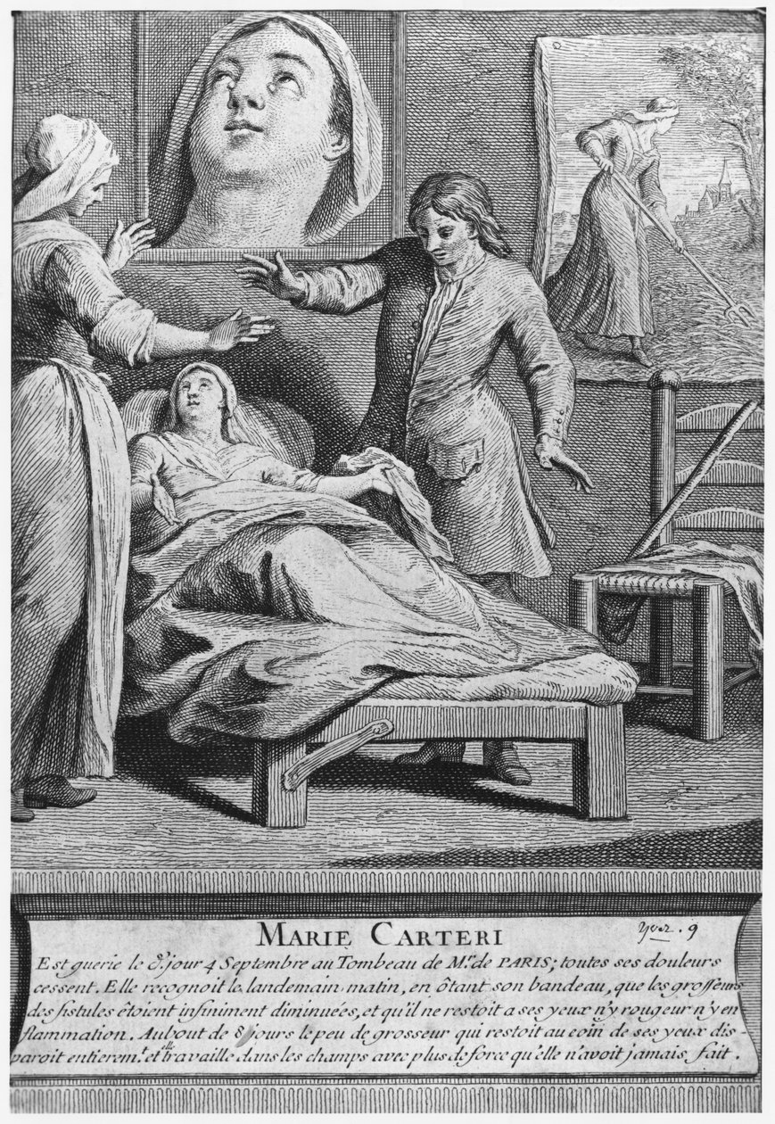 Mirakulöst helande av en blind kvinna, Marie Carteri, på diakon Francois de Pariss grav på församlingskyrkogården Saint-Medard i Paris, graverad av Pieter Yver (1712-87) 1737 av French School