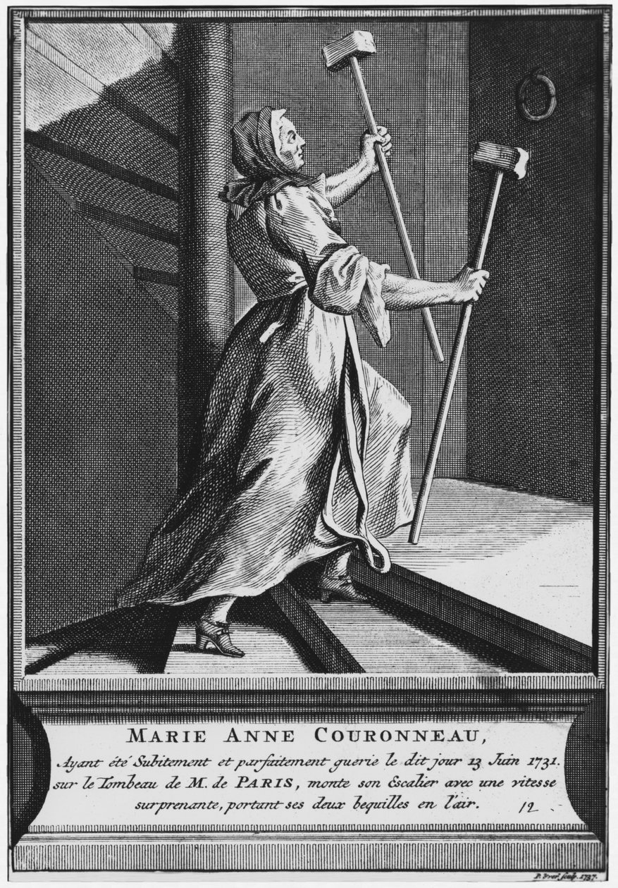 Mirakulöst helande av en förlamad, Marie-Anne Couronneau, på diakon Francois de Pariss grav på församlingskyrkogården Saint-Medard i Paris, 13 juni 1731, graverad av Pieter Yver (1712-87) 1737 ( av French School