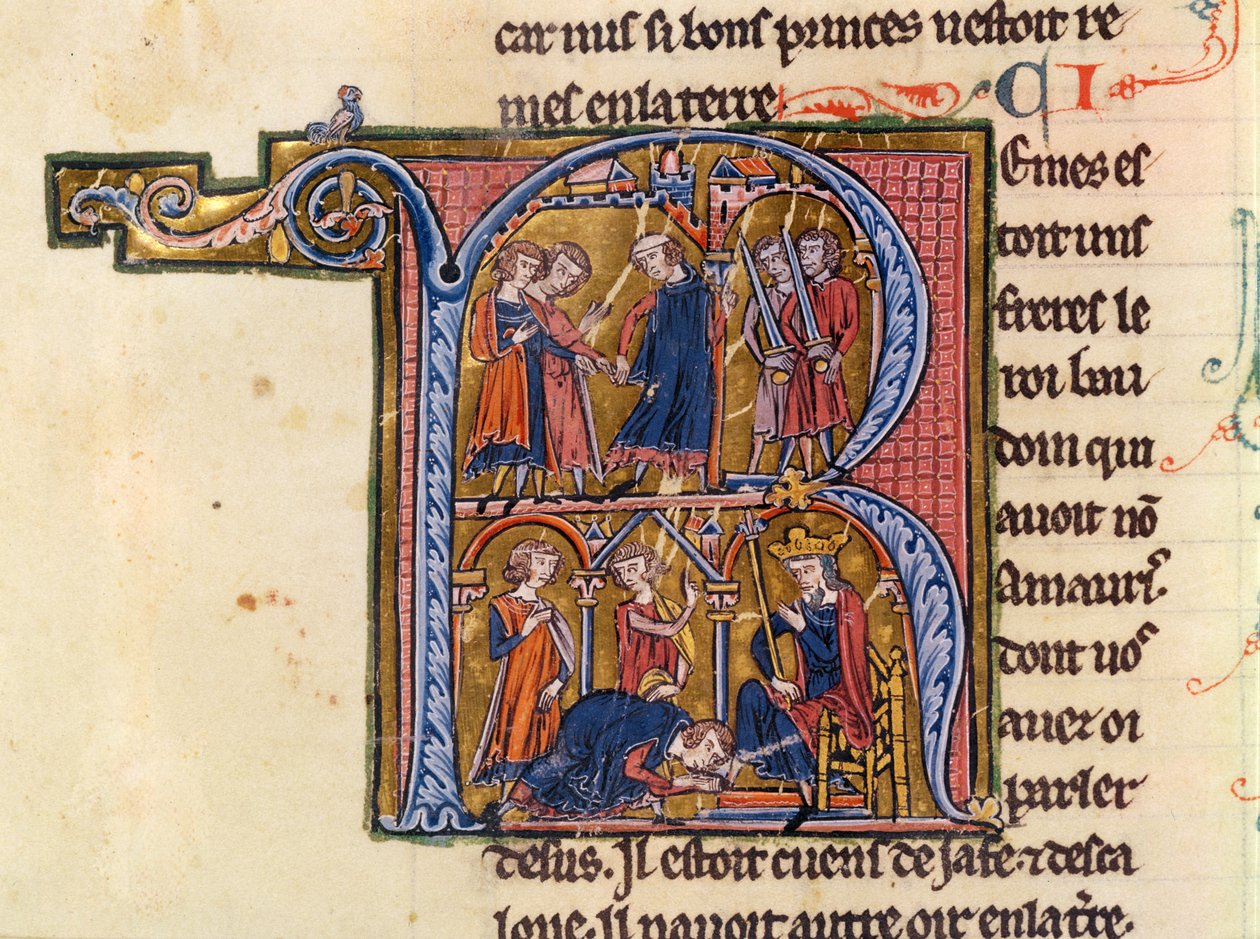 Fr 9081 fol.245v Historikert initial "R" som visar sultanen som skickar sina budbärare till kalifen i Egypten och sultanen som kysser kalifens fötter, från "Histoire de Jerusalem" av William av av French School