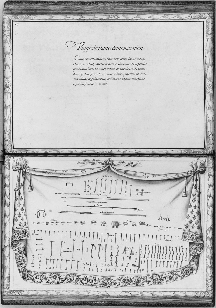Spikar, krokar, remskivor och järnbeslag som behövs för att bygga ett kök, tjugosjätte demonstration, skylt 27, illustration från 