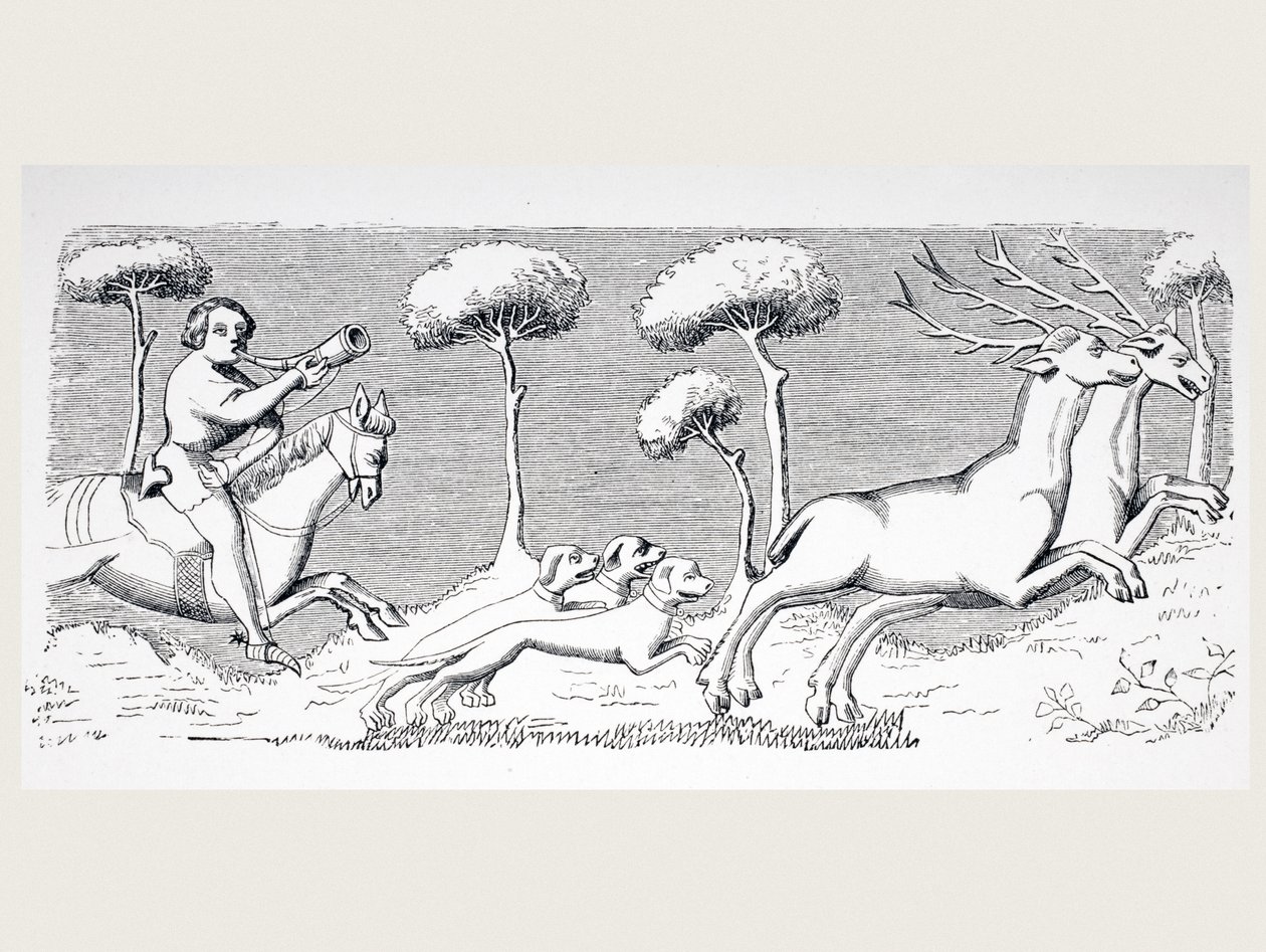 Hjortens natur och utseende och hur de kan jagas med hundar, efter en miniatyr i 1400-talets manuskript av Phoebus, från 
