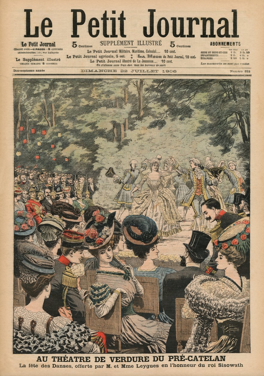 Friluftsteater i Pre-Catelan, dansfestival presenterad av Georges Leygues för att hedra Sisowath, kungen av Kambodja, illustration på framsidan av "Le Petit Journal", supplement illustre, 22 juli. av French School