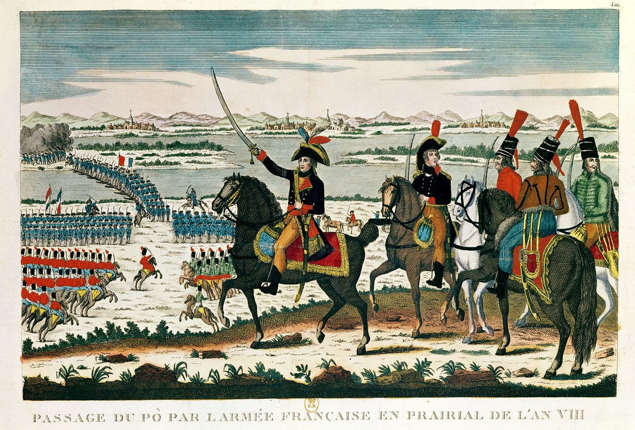 Passage till Po, före slaget vid Marengo, Prairial, år VIII (färgad gravyr) av French School