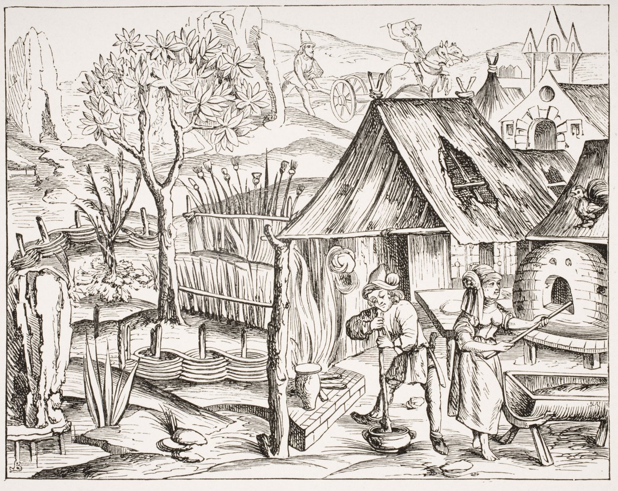 Bönder som odlar spannmål och tillverkar korn- och havrebröd, efter ett träsnitt från en utgåva av Vergilius som publicerades i Lyon 1517, från "Le Moyen Age et La Renaissance" av Paul Lacroix (1806-84) p av French School