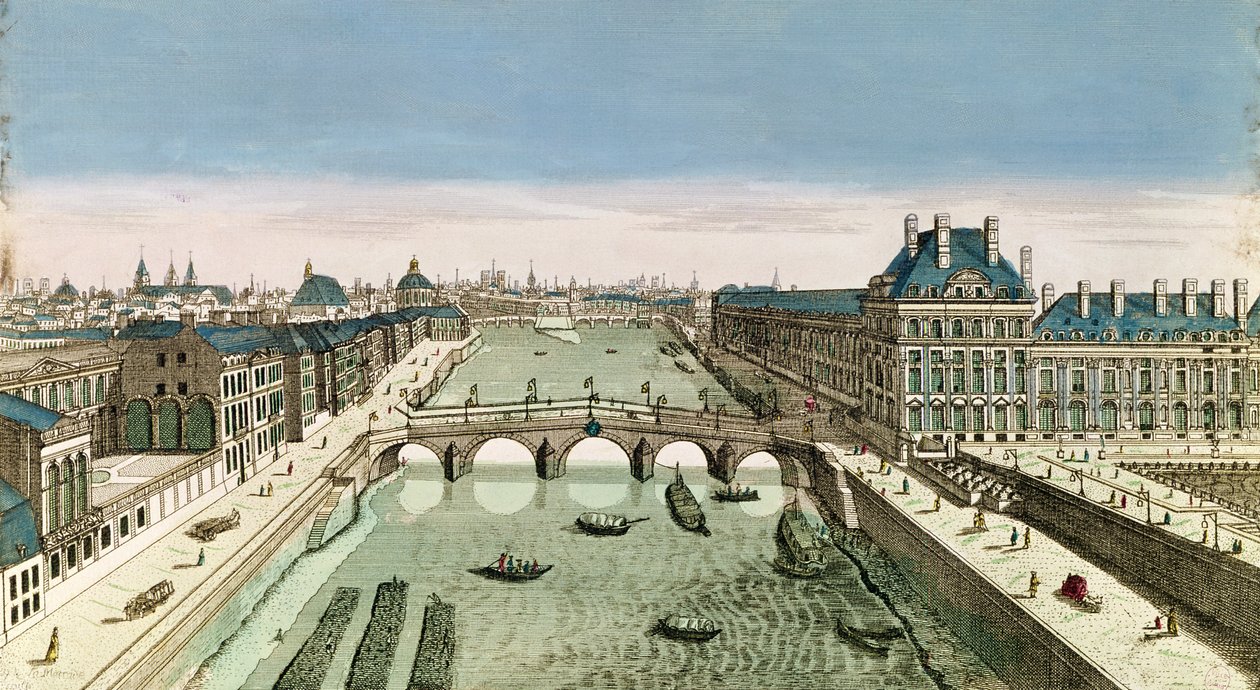 Perspektivvy över Paris från Pont Royal (färgad gravyr) av French School