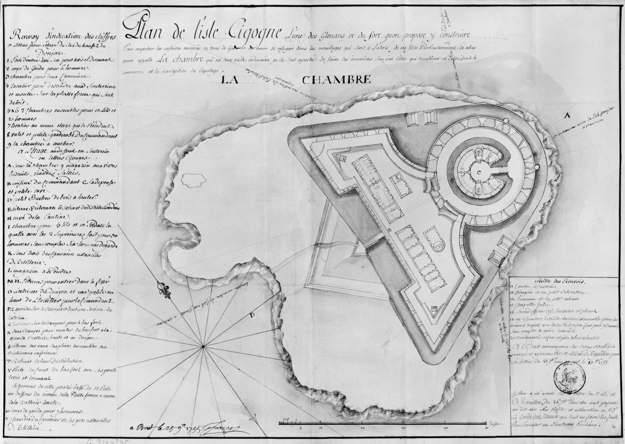 Plan över Ile Cigogne och projektet med ett fort, Archipel des Glenan, 1745 (penna och wc på papper) av French School