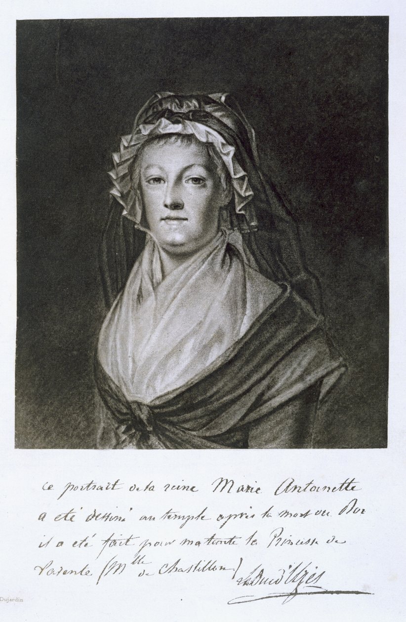 Porträtt av Marie Antoinette i tempelfängelset, graverat av Dujardin, från "Souvenirs de la Revolution: Mes Parents", av Charles, Duc de la Tremoille, publicerad Paris, 1901 (heliogravyr) av French School