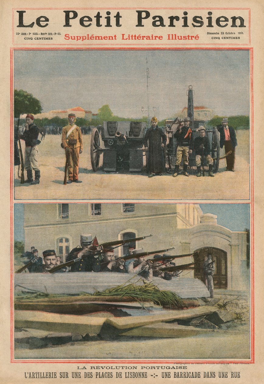 Portugisiska revolutionen, artilleri på ett torg i Lissabon, en barrikad på en gata, illustration på framsidan från "Le Petit Parisien", tillägg litteraire illustre, 23 oktober 1910 (photolitho) av French School