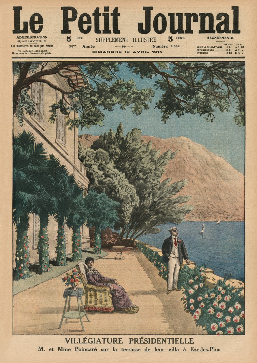 Presidentens helgdag, Monsieur et Madame Poincare på terrassen till deras villa i Eze-les-Pins, framsidans illustration från 