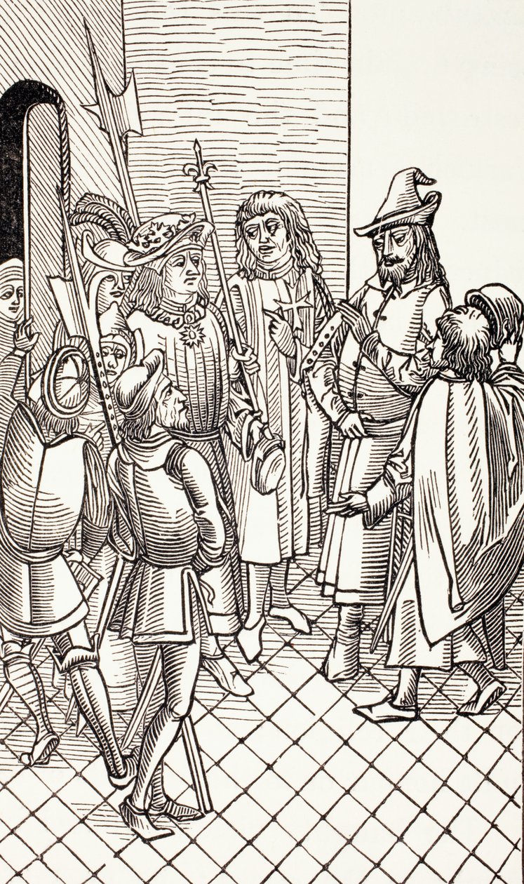Prins Cem, Pretender till den osmanska tronen, överlämnas till Charles VIII, kung av Frankrike, från "Military and Religious Life in the Middle Ages" av Paul Lacroix, publicerad i London, ca 1880 av French School