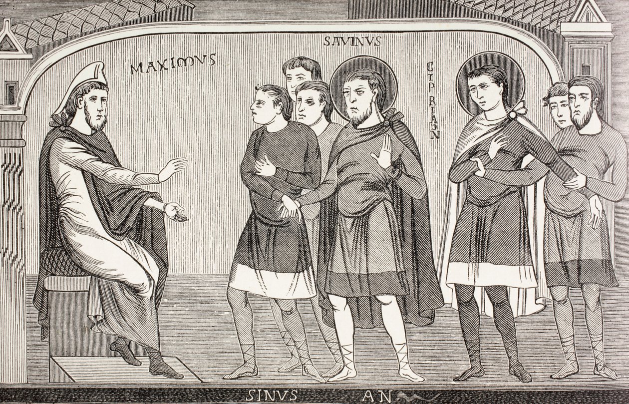 De heliga Savin och Cyprianus bekänner för prokonsul Galerius Maximus att de är kristna, från "Military and Religious Life in the Middle Ages" av Paul Lacroix, utgiven i London omkring 1880. av French School