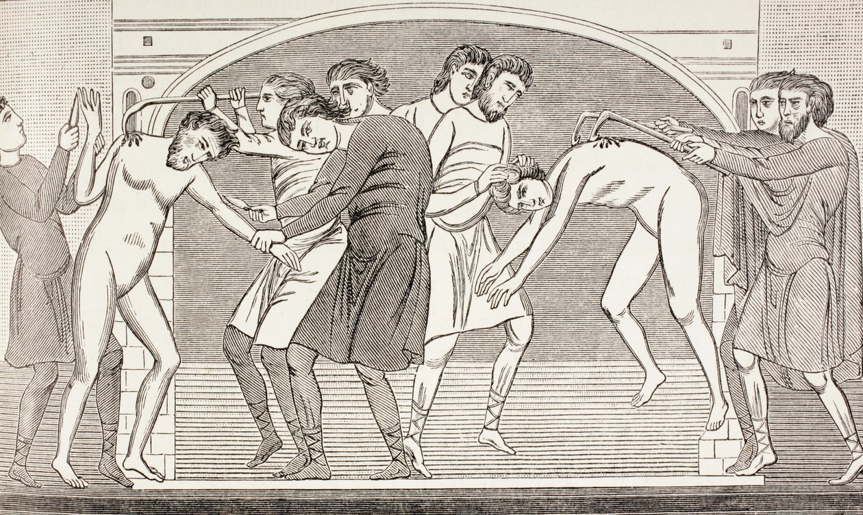 Saints Savin och Cyprianus får sitt kött slitet från sina kroppar med järnkrokar, från "Military and Religious Life in the Middle Ages" av Paul Lacroix, publicerad i London ca 1880 av French School