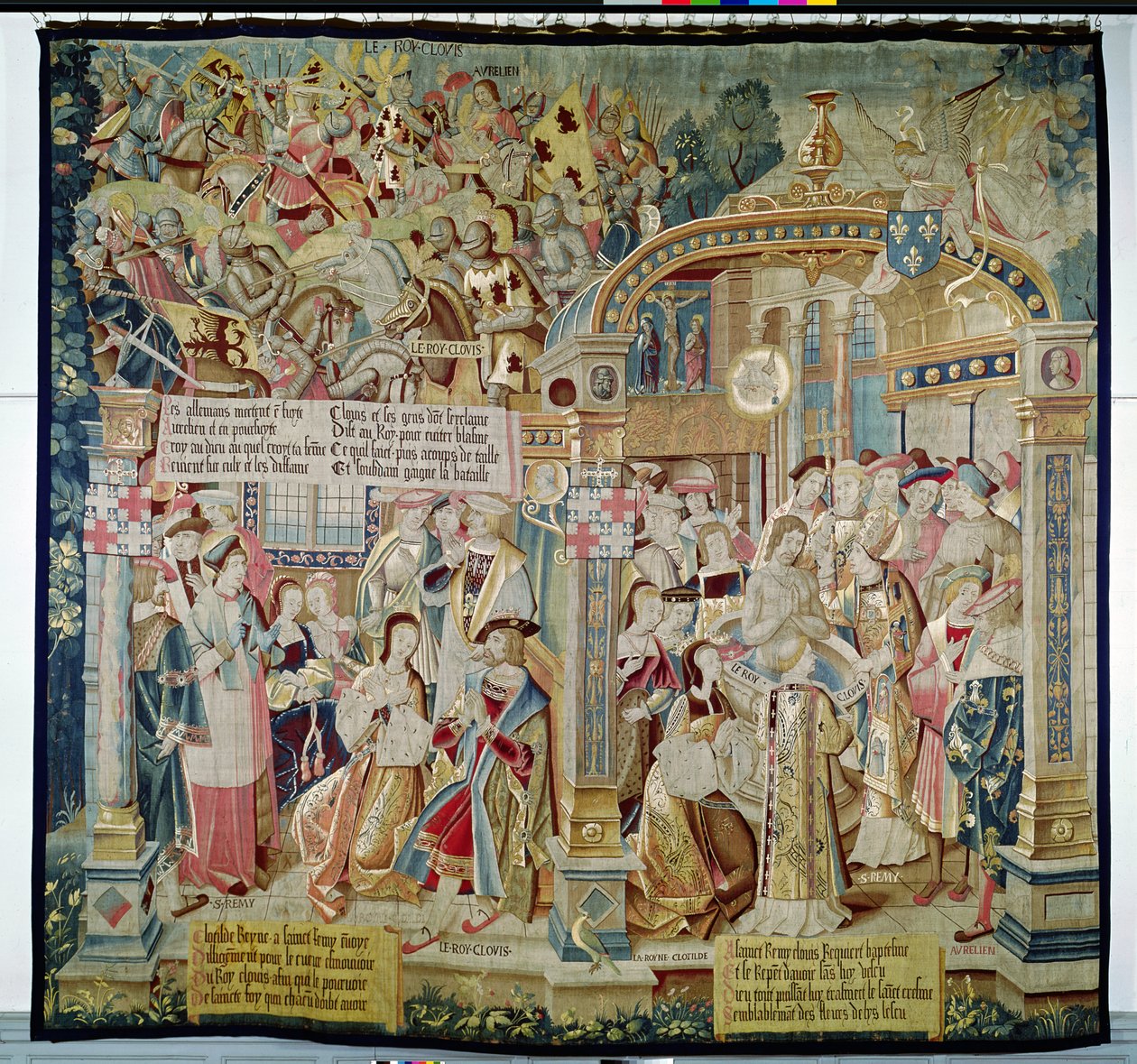 Vaaiga mai le Soifuaga o St. Remigius (d.533) epikopo o Reims: le taua o Tolbiac i le 496: o le liua ma le papatisoga o Clovis I (465-511), Tupu o le au Franks, 1531 (tapestry)swed av French School