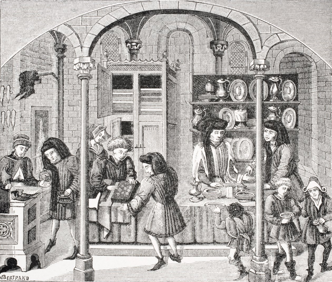 Butiker under en täckt marknad, efter en miniatyr i en 1300-talsöversättning av Aristoteles 