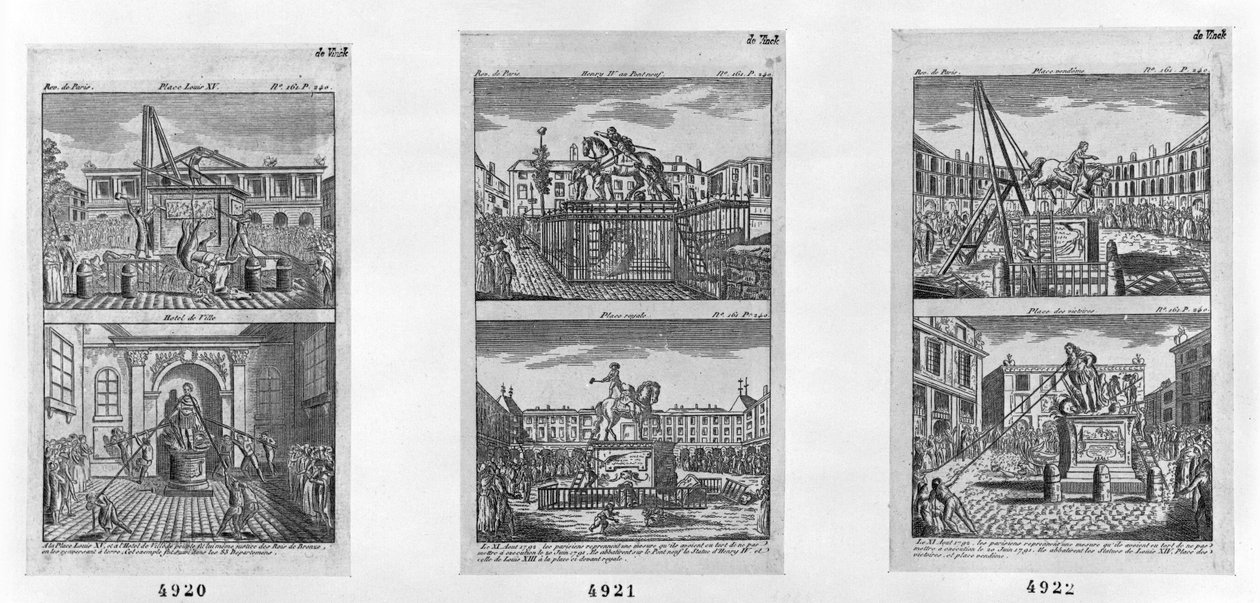 Sex kungliga statyer förstördes i Paris, 11 augusti 1792 (gravyr) av French School