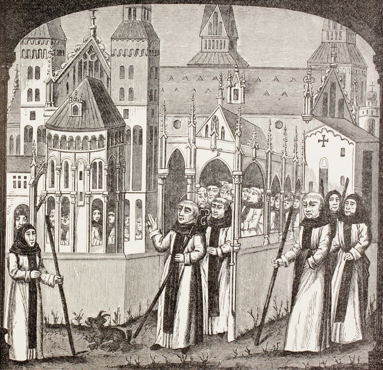 S:t Bernard av Clairvaux och cisterciensermunkarna som tar klostret Clairvaux i besittning, från "Militärt och religiöst liv under medeltiden" av Paul Lacroix, publicerad i London ca 1880 av French School