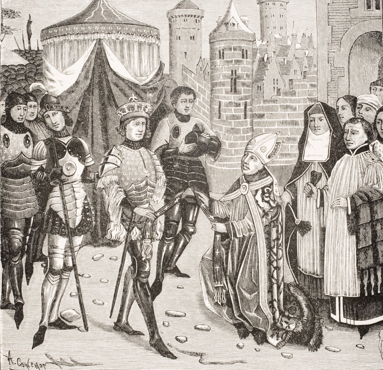 St. Remy, biskop av Reims ber kung Clovis (465-511) att återlämna en helig vas som stals av frankerna under plundringen av Soissons, efter en miniatyr i manuskriptet till 