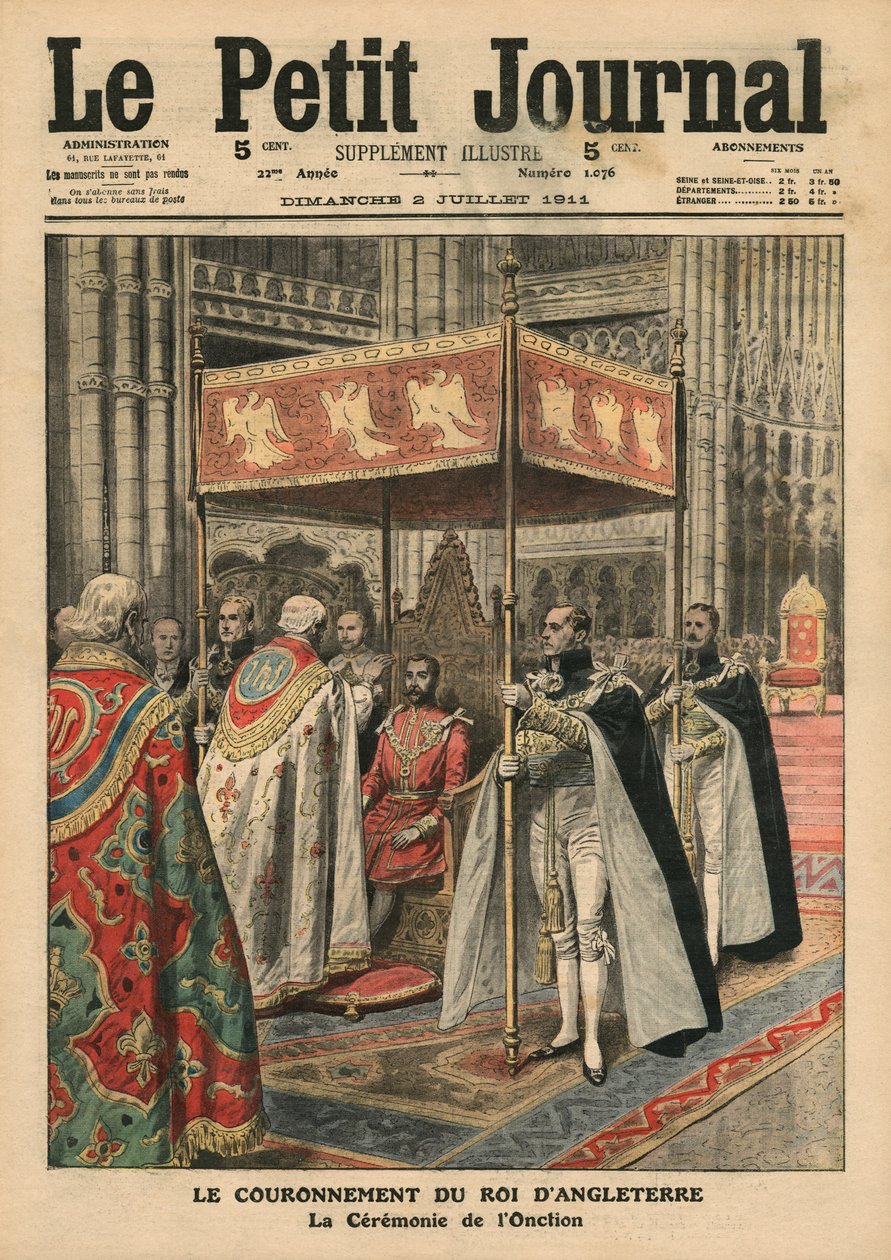 Kröningen av kung George V (1865-1936) och salvningsceremonin i Westminster Abbey, 23 juni 1911, illustration från 
