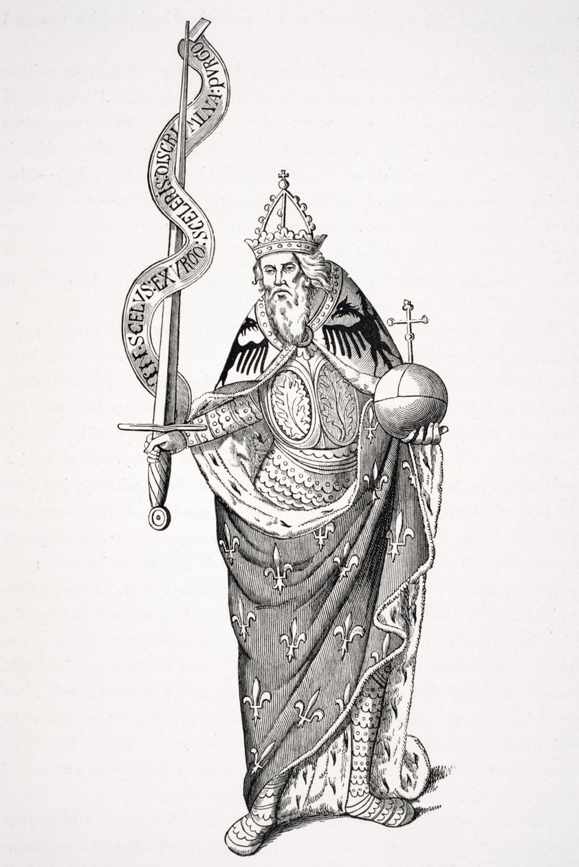 Kejsaren Karl den Store (747-814) med jordklotet och svärdet, efter en miniatyr i Paris universitets register, från 
