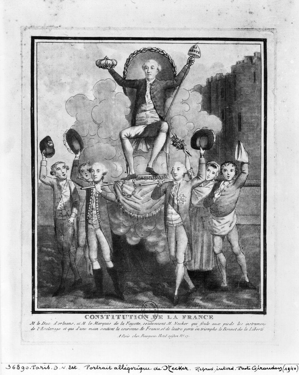 Den franska konstitutionen: Allegoriskt porträtt av Jacques Necker (1732-1804) upprätthållen av Louis Philippe Joseph (1747-93) Duc d