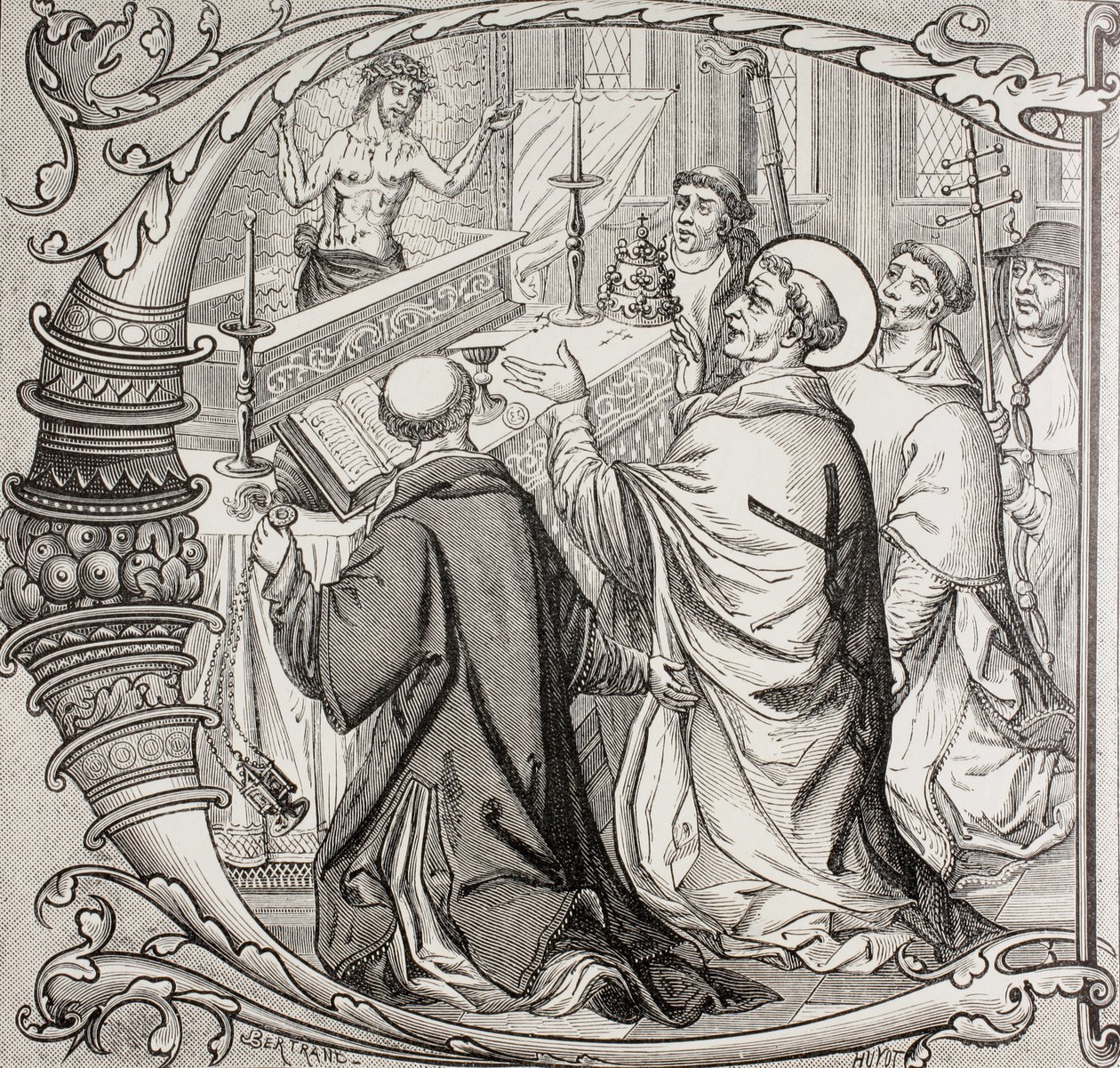 Sankt Gregorius den stores mässa och uppenbarelsen av Jesus Kristus som sorgens man, från "Militärt och religiöst liv under medeltiden" av Paul Lacroix, publicerad i London ca 1880 av French School