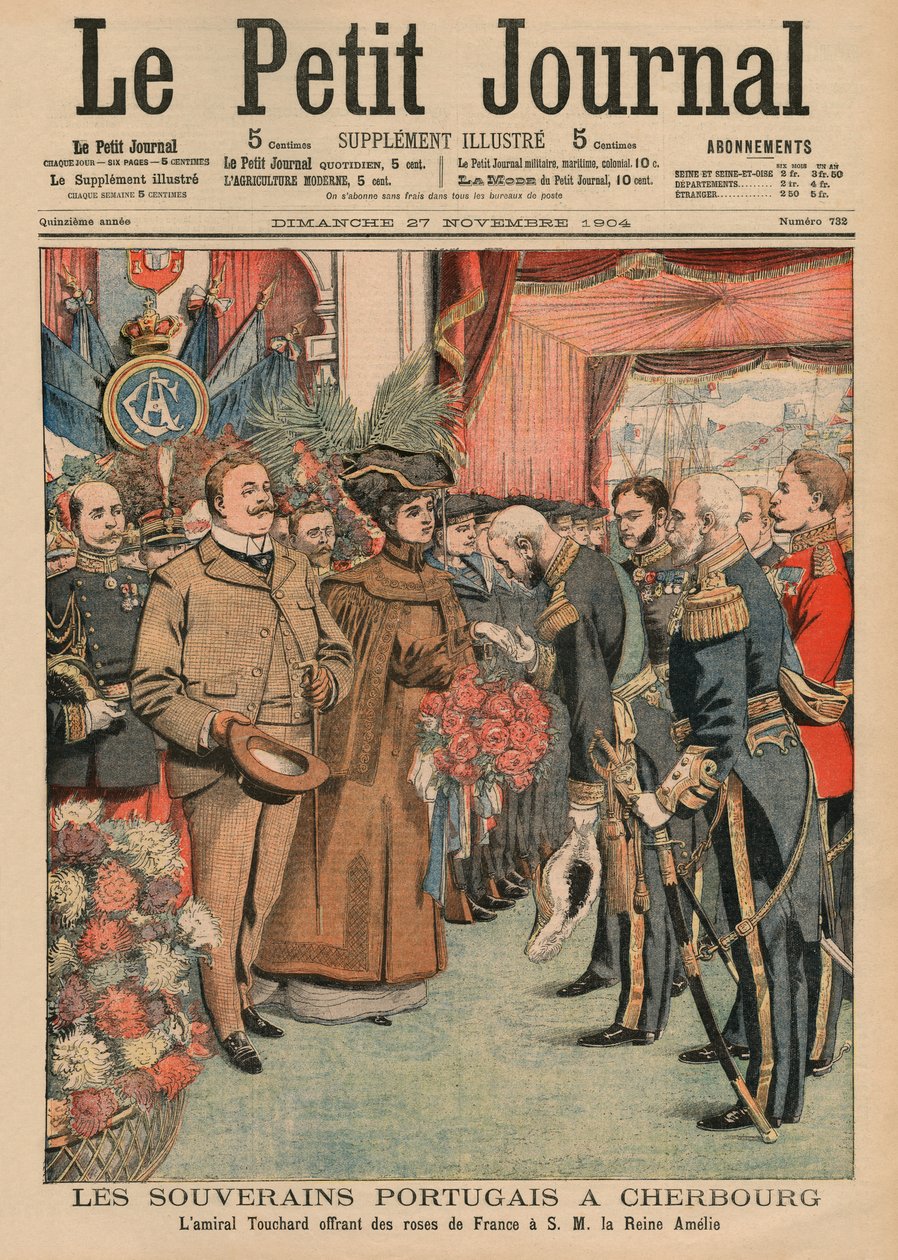 De portugisiska suveränerna i Cherbourg, amiral Touchard erbjuder franska rosor till Hennes Majestät Drottning Amelie av Portugal, framsidans illustration från 