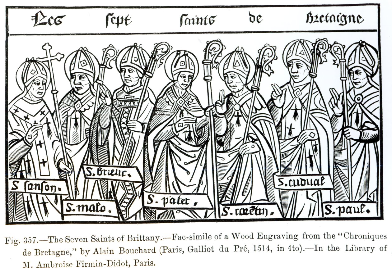 De sju helgonen i Bretagne, från "Chroniques de Bretagne" av Alain Bouchard, 1514, illustration från "Science and Literature in the Middle Ages and Renaissance", skriven och graverad av Paul Lacroix, av French School