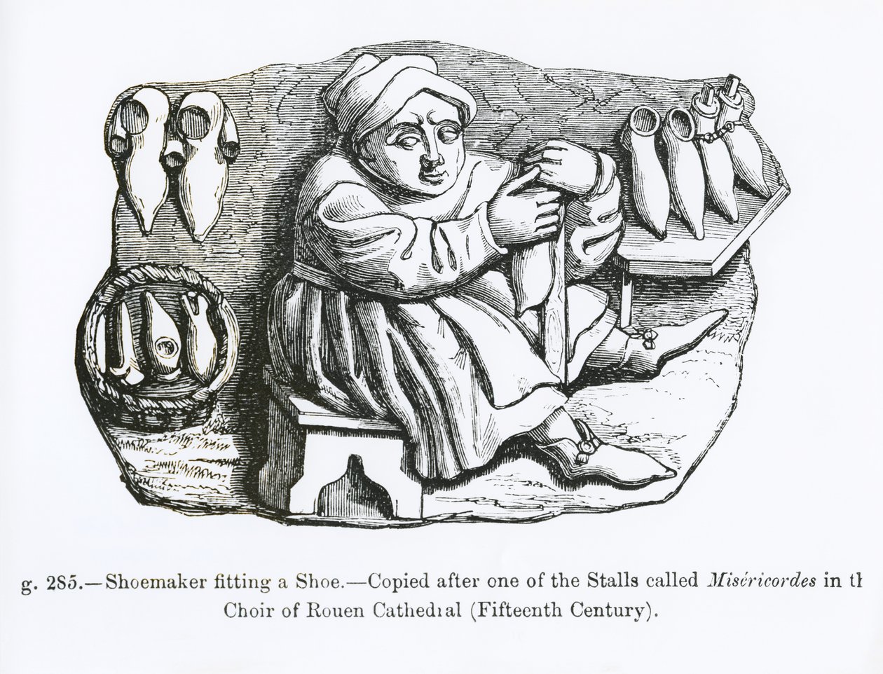 The Shoemaker Fitting a Shoe, kopierad från ett av Misericordia-stånden i Choir of Rouen Cathedral, illustration från 