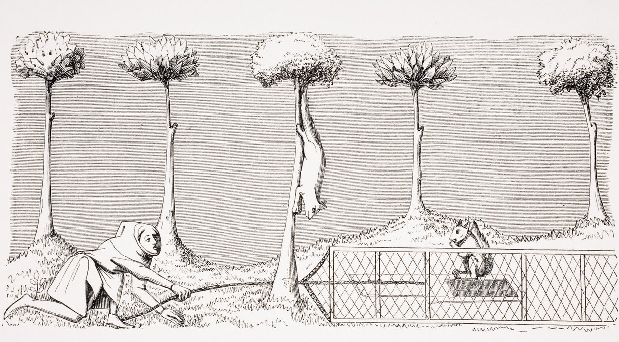 Vägen att fånga ekorrar på marken i skogen, efter en miniatyr i 1400-talets manuskript av Phoebus, från 