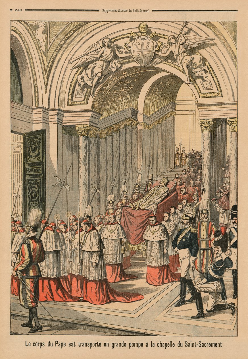 Liget af pave Leo XIII bæres med stor pomp og pomp til Det Hellige Sakraments Kapel, bagsideillustration fra 
