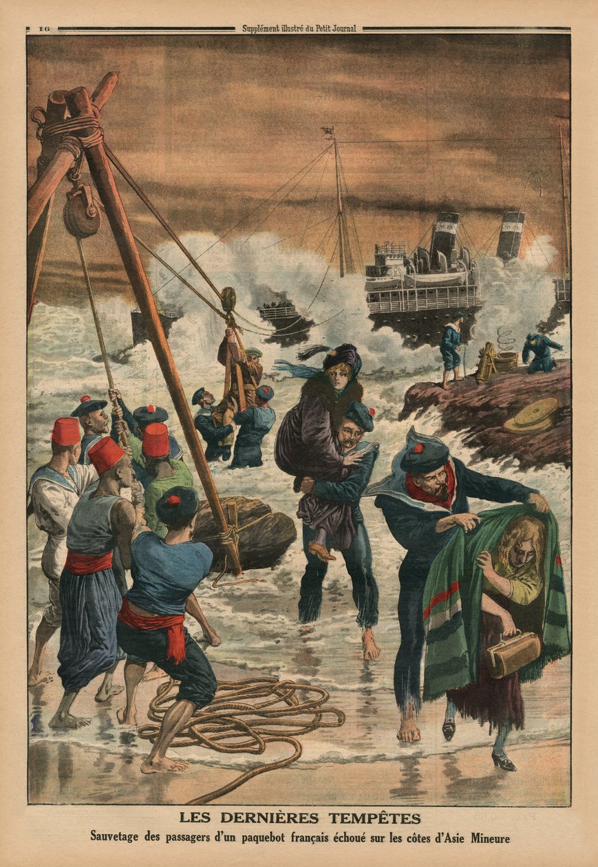 De sista havsstormarna, räddade passagerarna på ett franskt linjefartyg som ligger på Mindre Asiens kust, illustration på baksidan från 