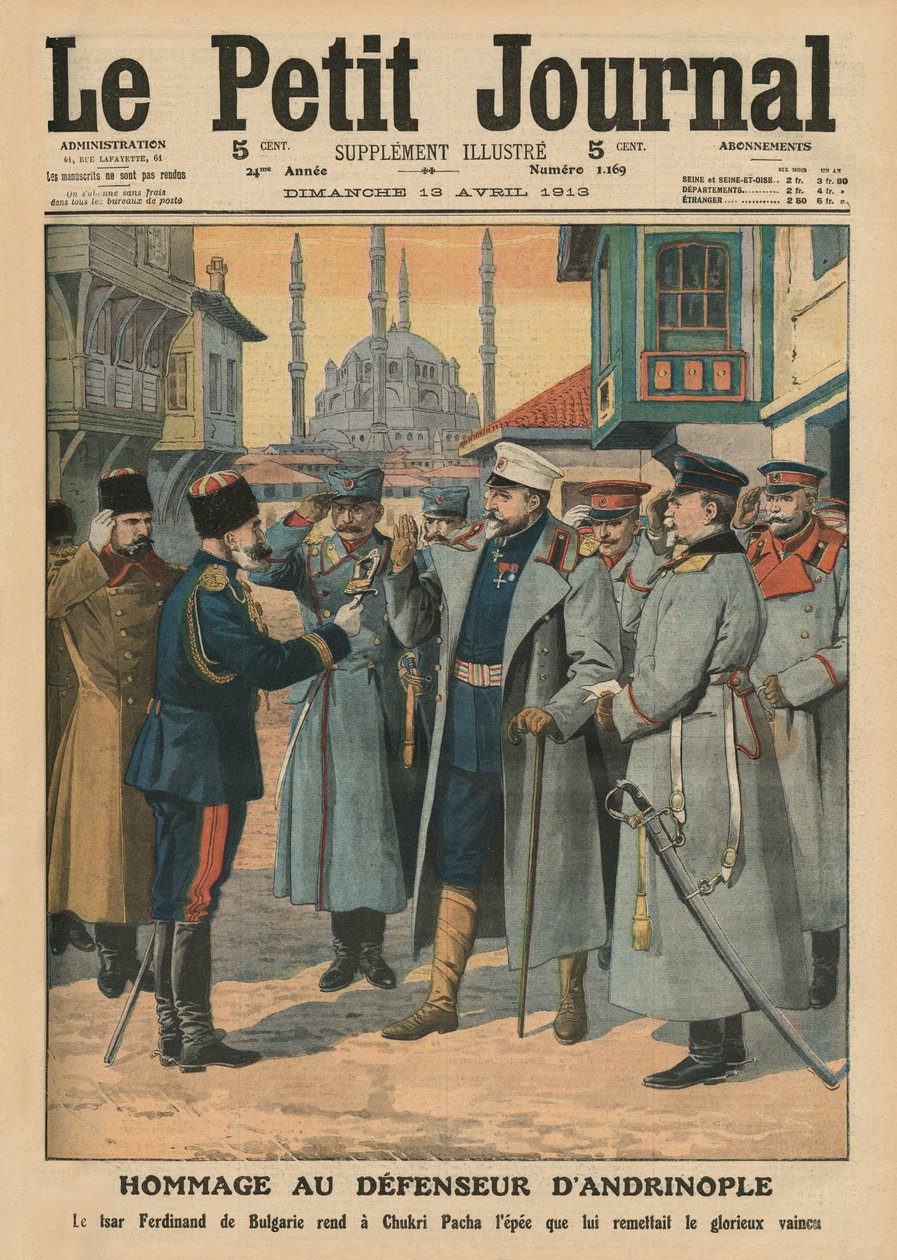 Hyllning till Andrianoples försvarare, tsar Ferdinand I av Bulgarien ger tillbaka till Shukri Pasha svärdet för den härligt besegrade, framsidans illustration från 