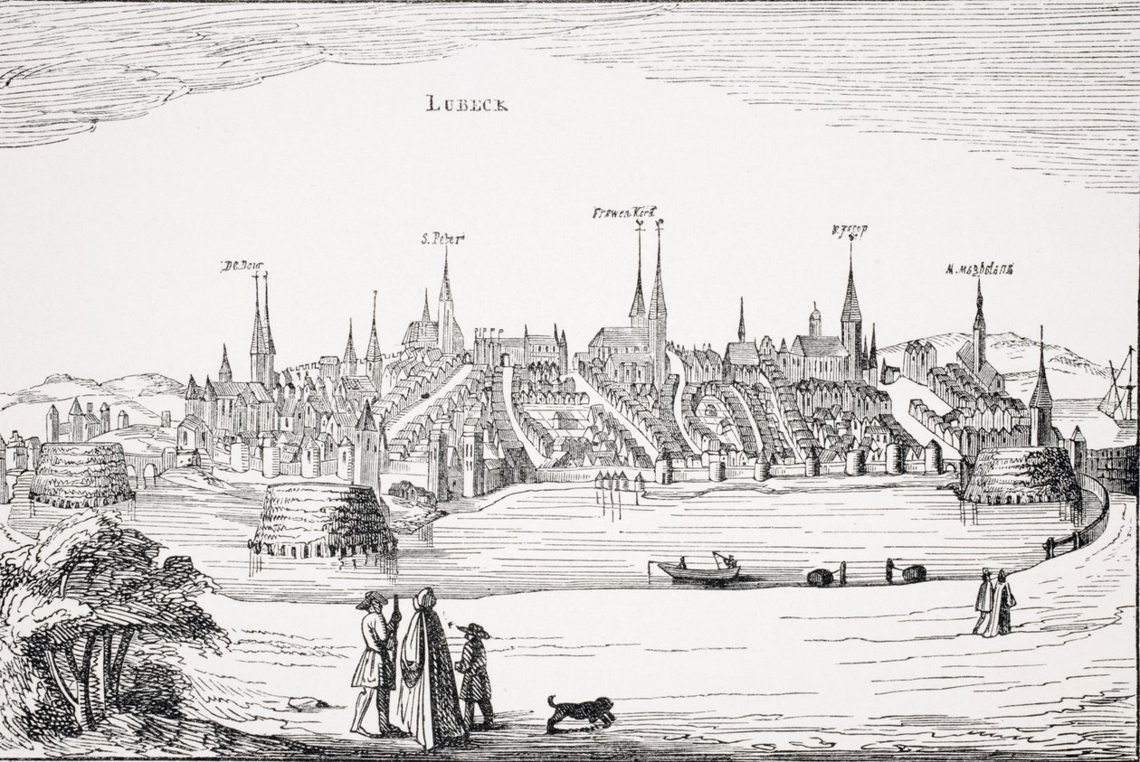Utsikt över Lubeck och dess hamn på 1500-talet, efter en kopparplatta i 