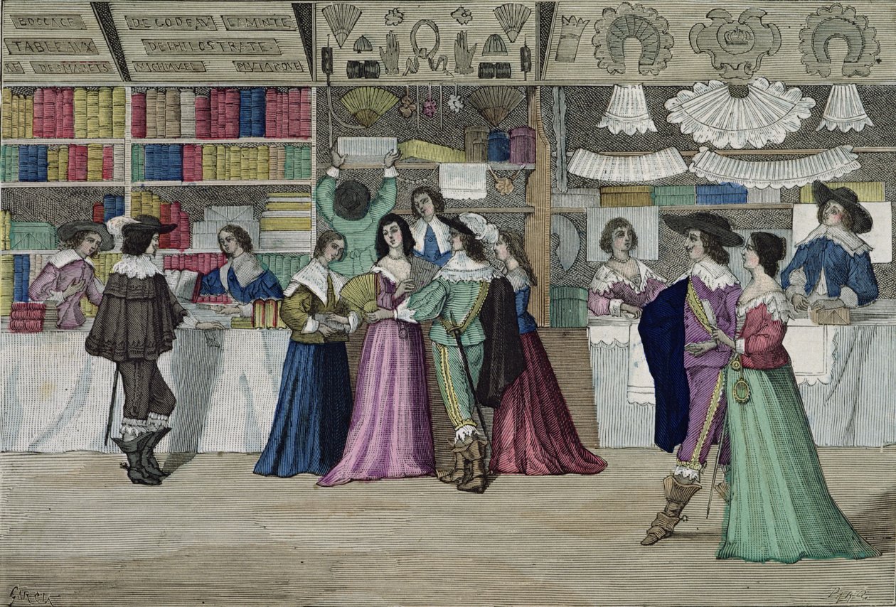 Affärer i Palais de Justice-galleriet under Ludvig XIII (1601-43) från "Costumes de Paris a Travers les Siecles" ed. Roy, publicerad 1887 (färggravyr) av Garcia