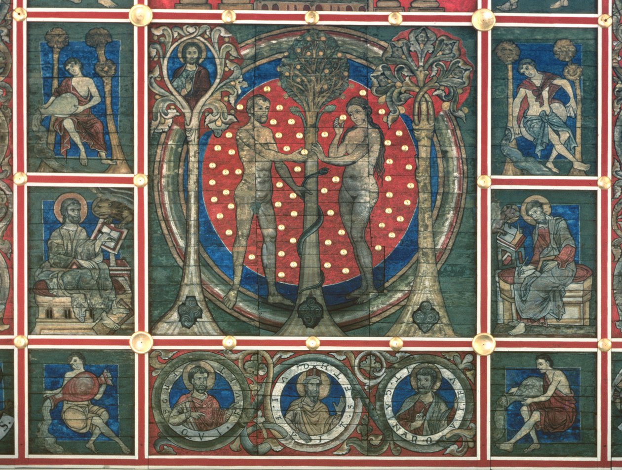 Adam och Eva, detalj från det målade taket "Jesses träd", flankerat av evangelister, profeter och paradisets floder, ca 1240-50 (tempera på panel) (se även 112366 och 114784) av German School
