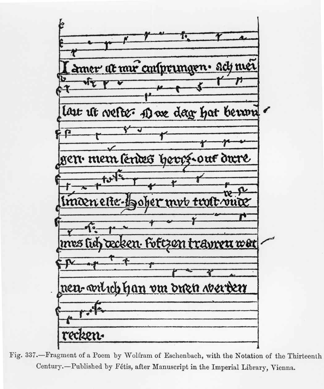 Fragment av en dikt av Wolfram av Eschenbach, publicerad av Fetis, illustration från 