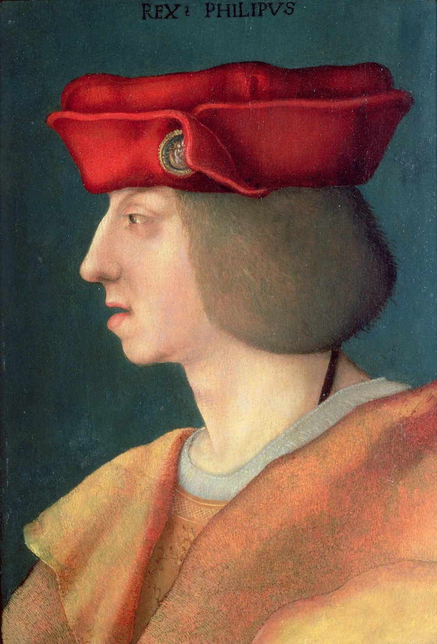 Kung Filip I "Den stilige" av Spanien (1478-1506): son till kejsar Maximilian I (1459-1519) och Maria av Bourgogne (1457-82) och make till Johanna av Kastilien (1479-1555) (panel) av German School
