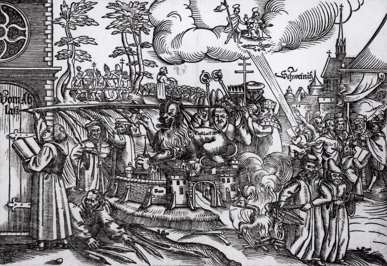 Martin Luther (1483-1546) skriver på kyrkdörren i Wittenberg 1517 (träsnitt) (bw foto) av German School