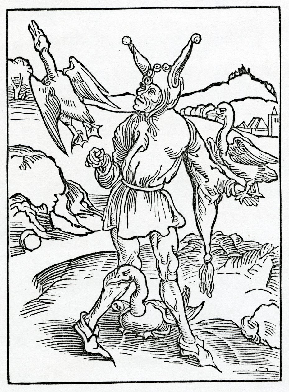 Av hym that nought can and nought wyll lerne, and seyth moche, lytell berynge away, I mene nat theuys, illustration från Alexander Barclays engelska översättning av 