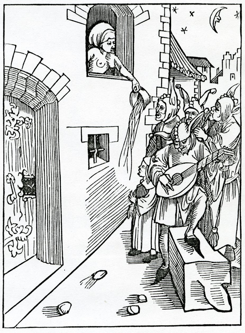 Av nattväktare och gatans bästa spelar nattetid på instrument och synger lika foyles när tyme ska vila, illustration från Alexander Barclays engelska översättning av 