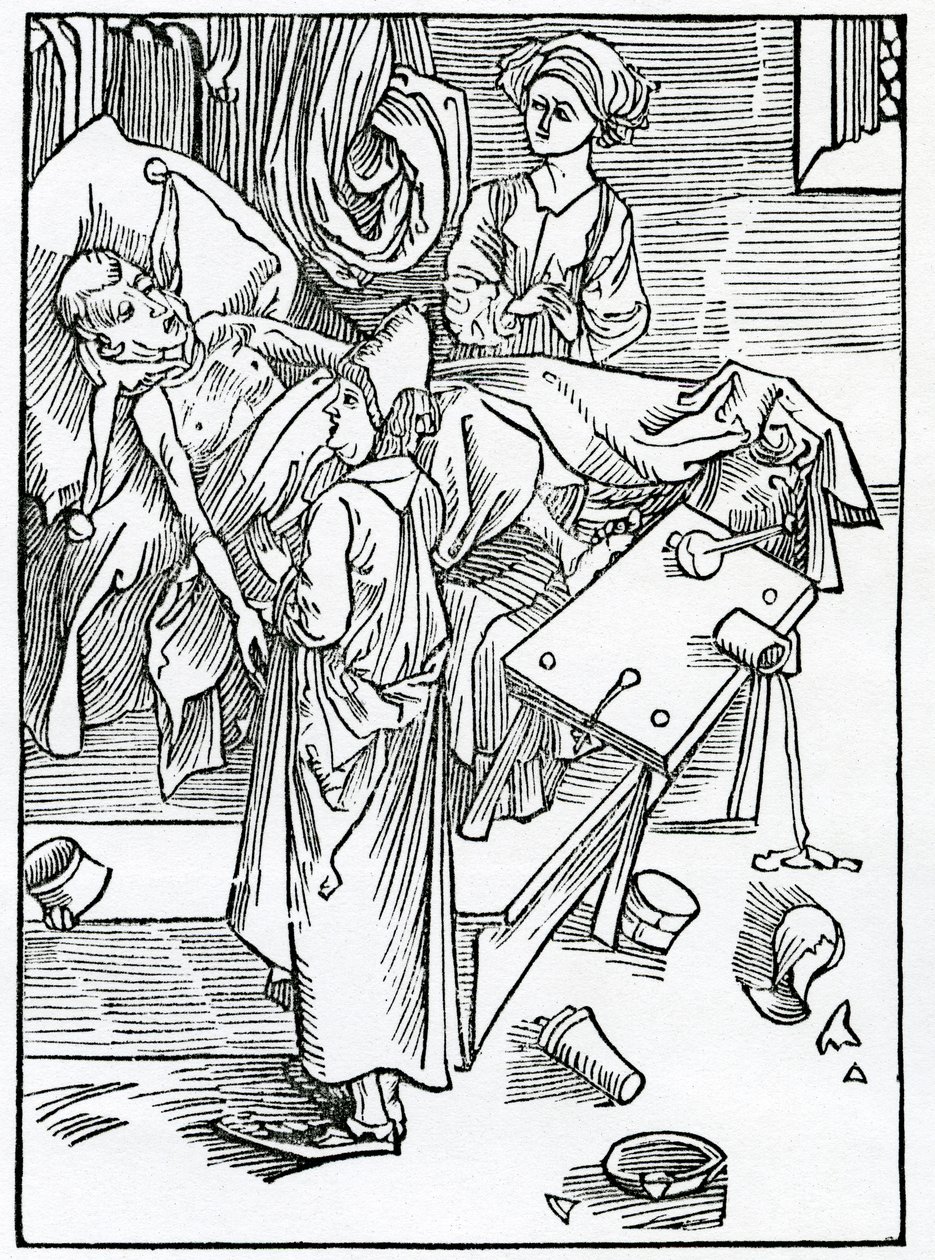 Av dem som är sjuka och söker och är otåliga och lydiga mot läkaren, illustration från Alexander Barclays engelska översättning av 