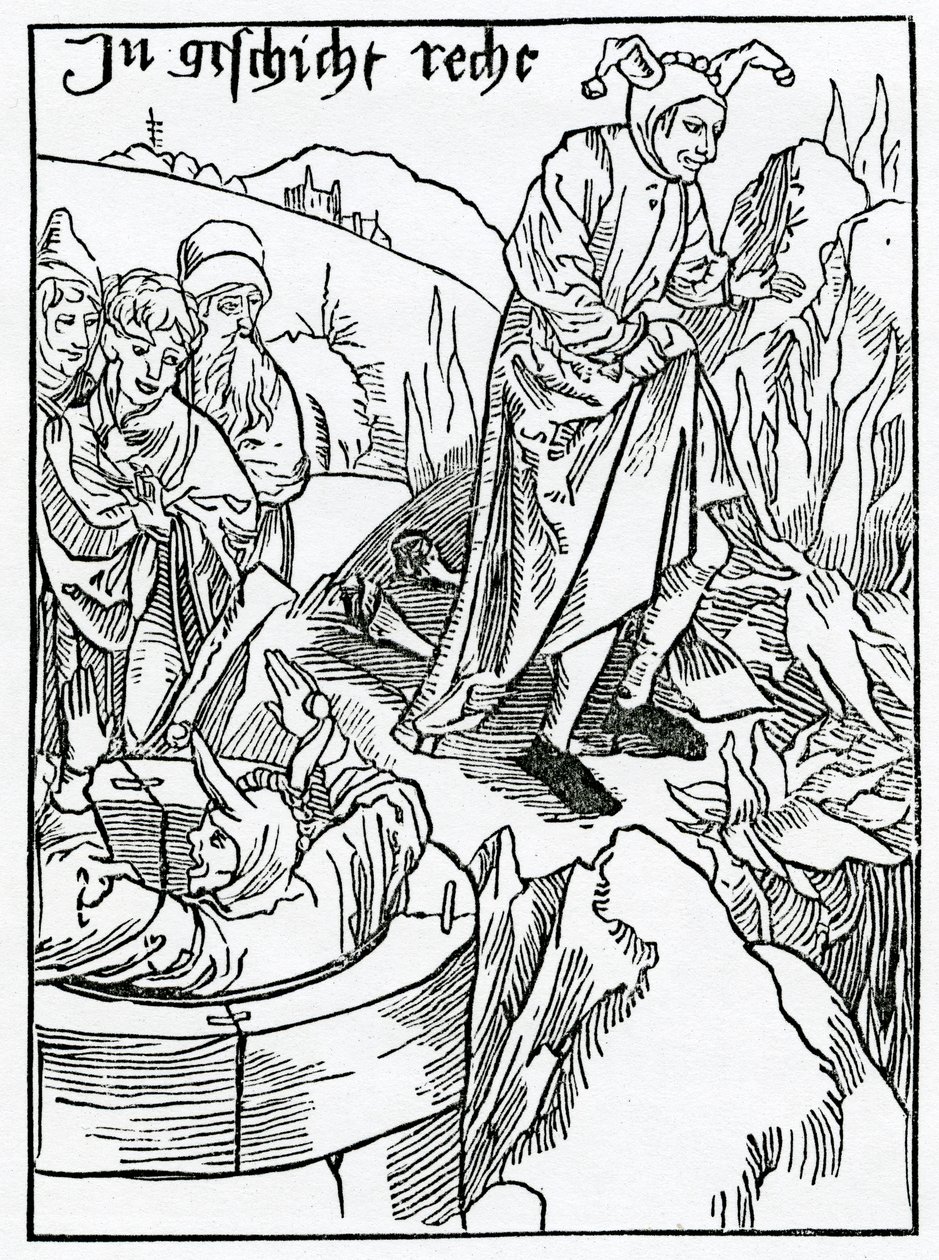 Of them that wyllynge and knowingyngly put them self in ieopardy and peryll, illustration från Alexander Barclays engelska översättning av "The Ship of Fools", från en utgåva som publicerades 1874 (gravyr). av German School
