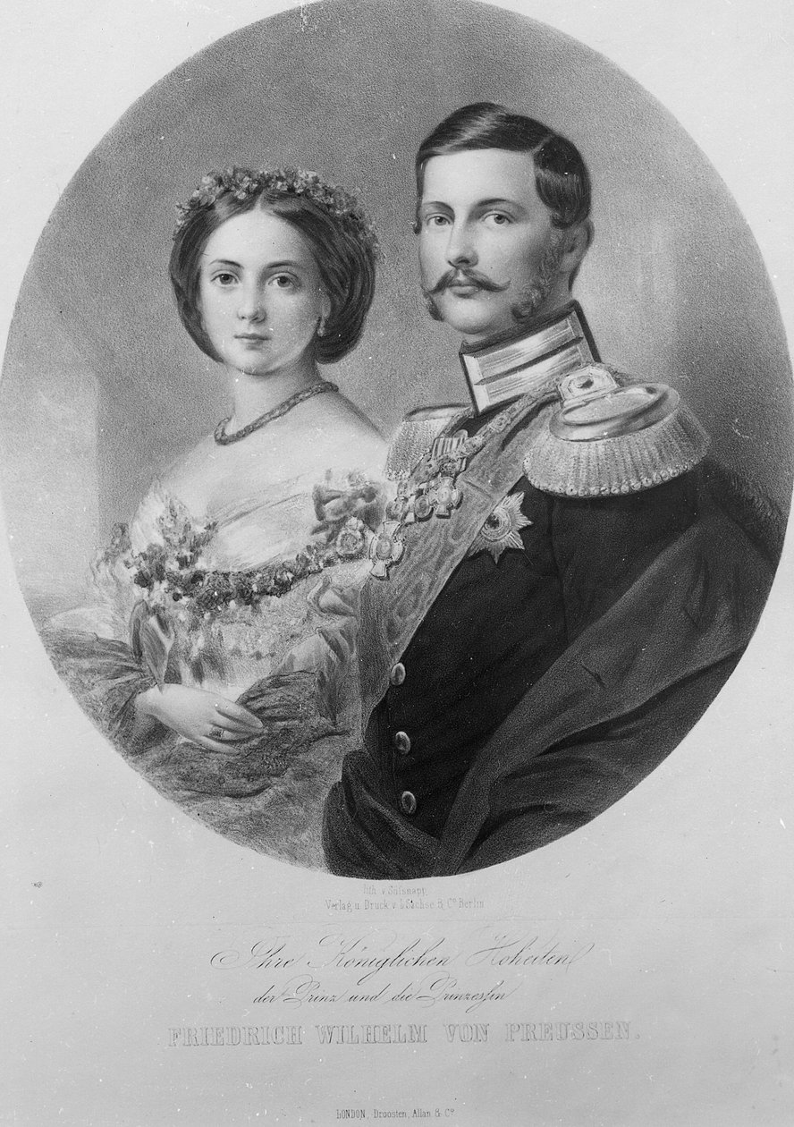 Bröllopsporträtt av deras kungliga högheter prinsessan Victoria (1840-1901) och kronprins Fredrik William av Preussen (1831-88) 25 januari 1858, graverad av Carl Sussnapp av German School