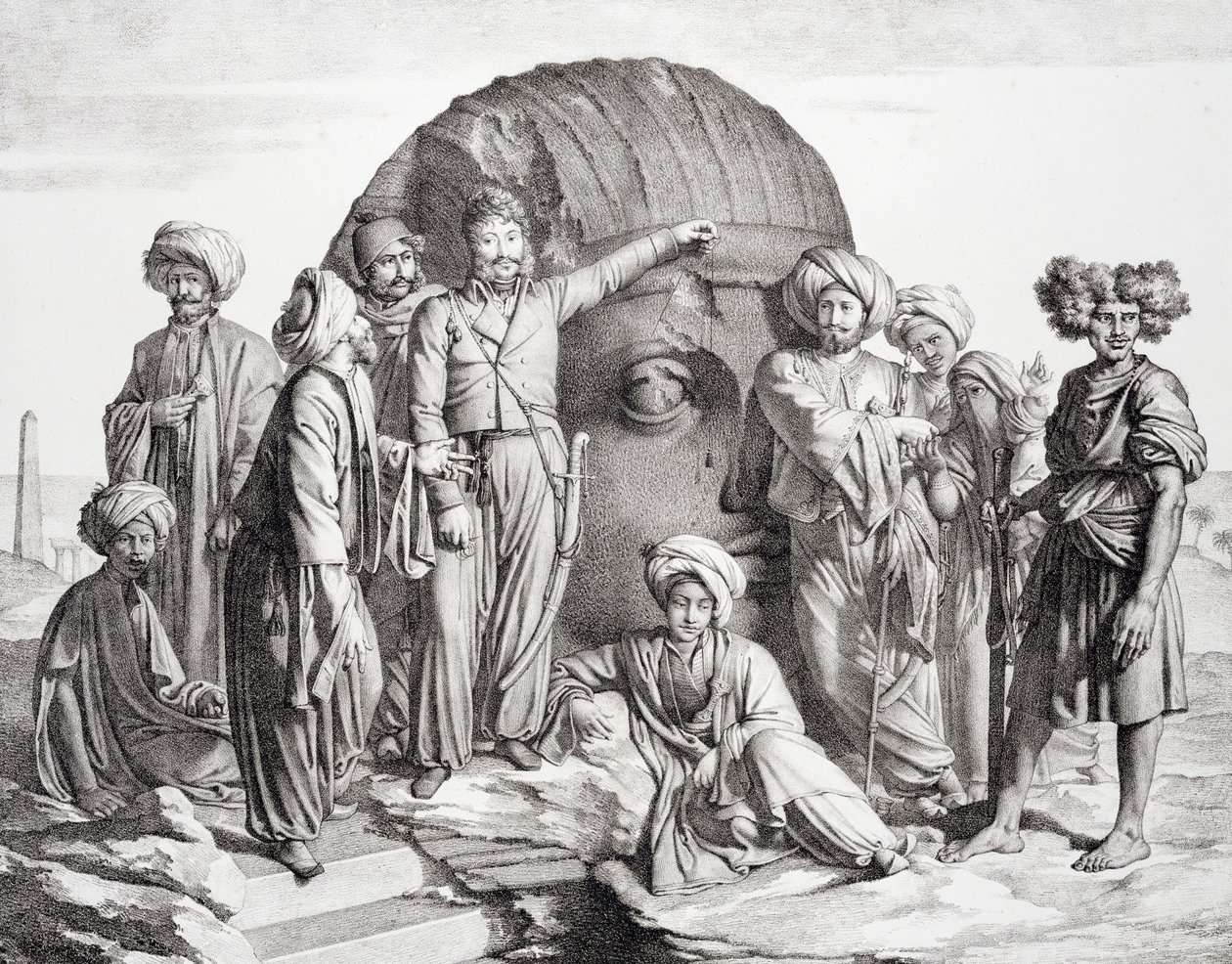 Monsieur Drovetti och hans anhängare använder ett lod för att mäta ett kolossalt huvud i den egyptiska öknen, graverad av G. Engelmann, från "Voyage dans le Levant" av Comte de Forbin, publicerad 1819 (lit av Granger