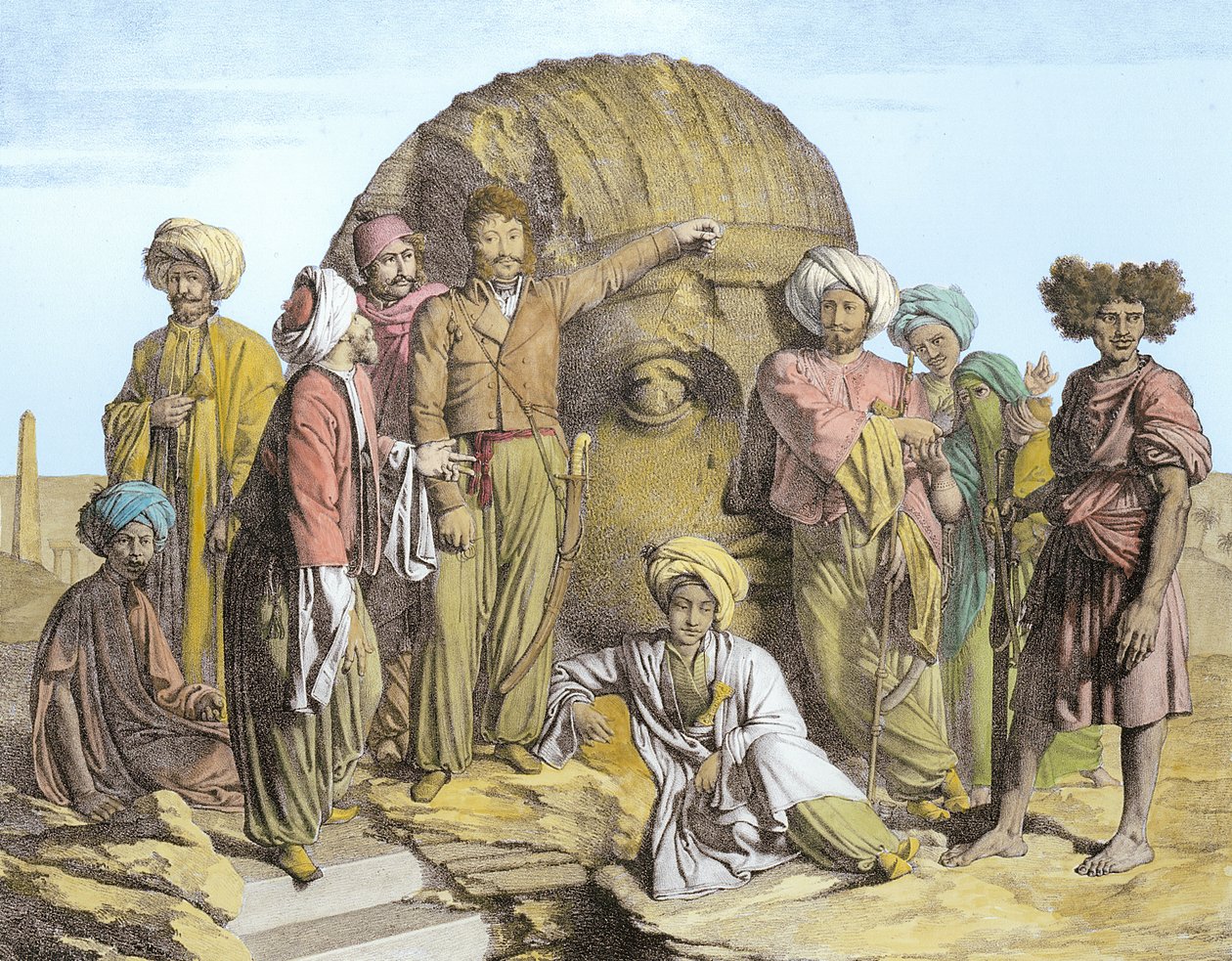 Monsieur Drovetti och hans anhängare använder ett lod för att mäta ett kolossalt huvud i den egyptiska öknen, graverad av G. Engelmann, från 