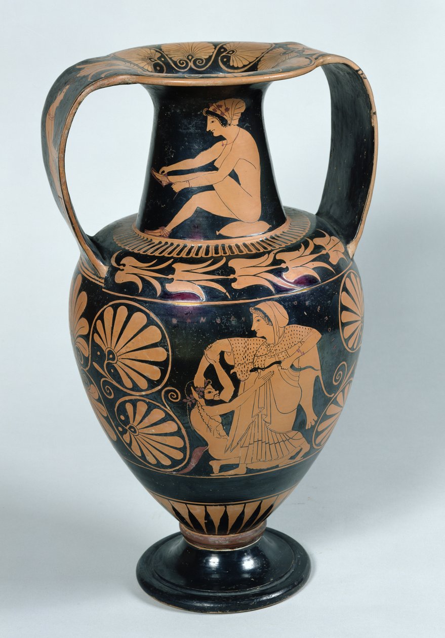 Attisk rödfigurs amfora föreställande en maenad och en satyr, av Panphaios (keramik) av Greek