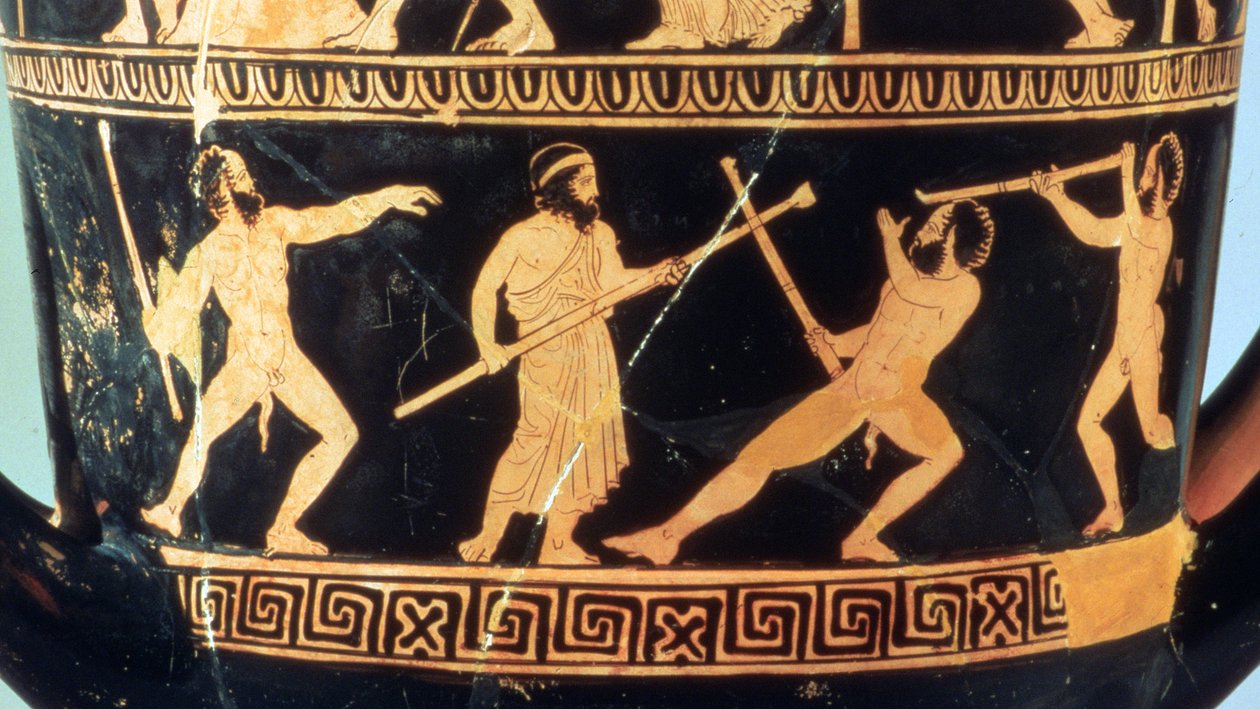 Attic röd-figur calyx-krater som visar (ovanför) Theseus gärningar och (nedan) satyrerna Sikinnis, Komos och Simos tänder facklor från kol Prometheus bär i en fänkålsstjälk, ca 420 f.Kr. (keramik) av Greek